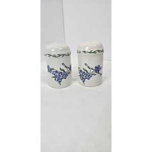 Vintage Floral Ceramic Salt Pepper Shakers Set Cream Blue Yellow Flowers 4" Tall